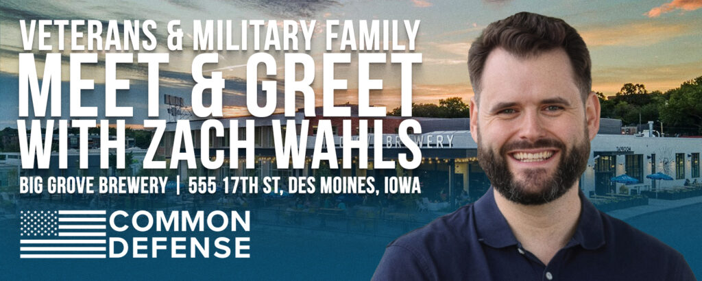 graphic design image of a man smiling with text to the side inviting veterans and military families to a meet and greet with Zach Wahls